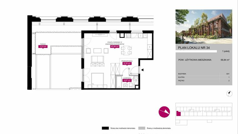 Rzut - Mieszkanie na sprzedaż 1 pokój o powierzchni 56,66 m² - numer G1.34 w Fuzja Mieszkania Loftowe
