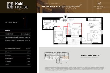 Rzut - Mieszkanie na sprzedaż 3 pokoje o powierzchni 64,28 m² - numer 1 w Kobi HOUSE