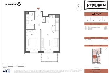 Rzut - Mieszkanie na sprzedaż 2 pokoje o powierzchni 43,23 m² - numer D.07 w Premiera Bemowo