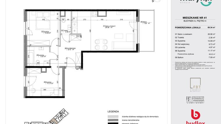 Rzut - Mieszkanie na sprzedaż 3 pokoje o powierzchni 69,34 m² - numer 41 w Osiedle Marynin