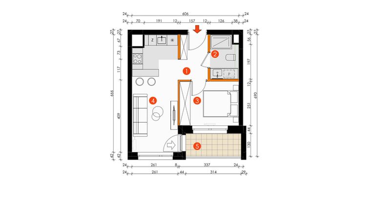 Rzut - Mieszkanie na sprzedaż 2 pokoje o powierzchni 32,54 m² - numer B.2.2 w Platanowy Park etap IV