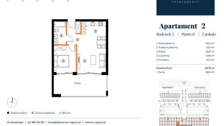 Rzut - Mieszkanie na sprzedaż 2 pokoje o powierzchni 44,76 m² - numer 2 w Apartamenty Marina Rogowo