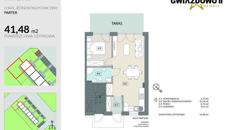 Rzut - Mieszkanie na sprzedaż 2 pokoje o powierzchni 41,48 m² - numer A22.1 w Gwiazdowo II