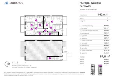 Rzut - Mieszkanie na sprzedaż 5 pokoi o powierzchni 97,11 m² - numer 1-12.A.1.1 w Murapol Osiedle Ferrovia