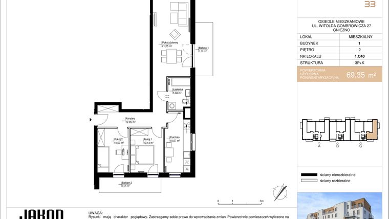 Rzut - Mieszkanie na sprzedaż 3 pokoje o powierzchni 69,35 m² - numer 1.C40 w Gombrowicza 33