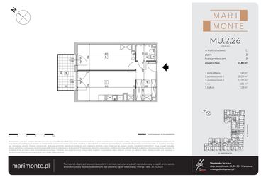 Rzut - Mieszkanie na sprzedaż 2 pokoje o powierzchni 51,8 m² - numer MU.2.26 w Marimonte - apartamenty inwestycyjne