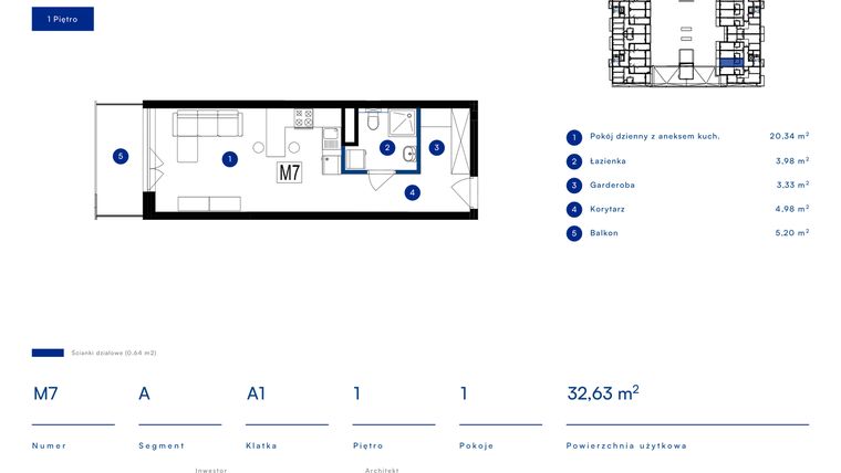 Rzut - Mieszkanie na sprzedaż 1 pokój o powierzchni 32,63 m² - numer 7A w Przy Bursztynowej
