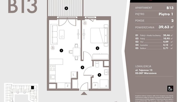 Rzut - Mieszkanie na sprzedaż 2 pokoje o powierzchni 39,63 m² - numer B13 w Livo