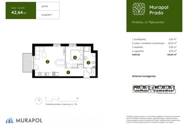 Rzut - Mieszkanie na sprzedaż 2 pokoje o powierzchni 42,64 m² - numer 1.A.0.05 w Murapol Prado