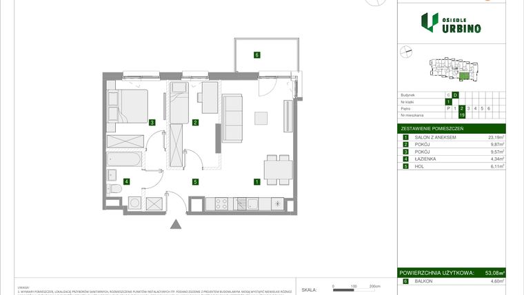 Rzut - Mieszkanie na sprzedaż 3 pokoje o powierzchni 53,08 m² - numer 2.2.D.19 w Osiedle Urbino etap II