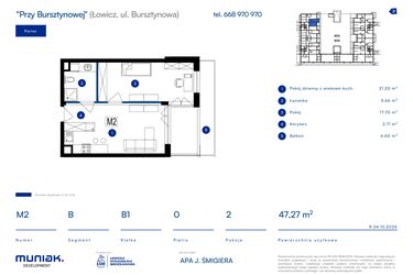 Rzut - Mieszkanie na sprzedaż 2 pokoje o powierzchni 47,27 m² - numer 2B w Przy Bursztynowej