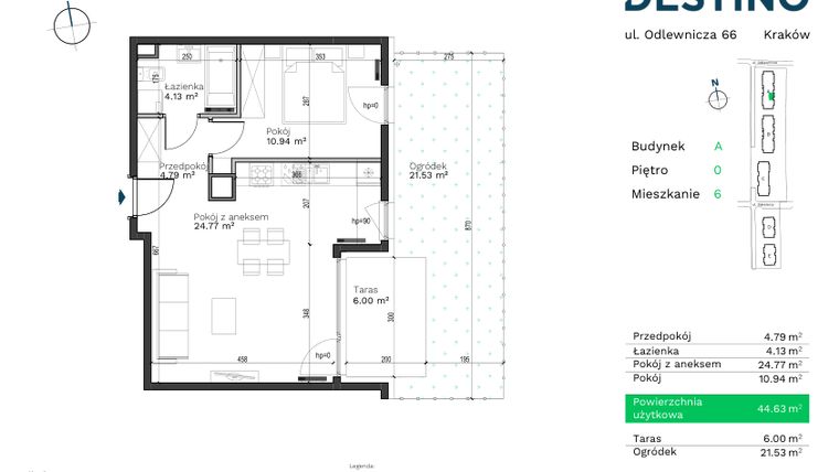 Rzut - Mieszkanie na sprzedaż 2 pokoje o powierzchni 44,63 m² - numer A-6 w Destino