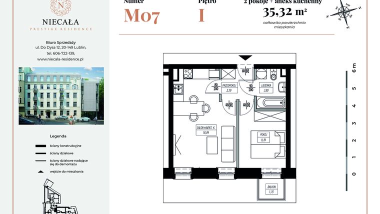 Rzut - Mieszkanie na sprzedaż 2 pokoje o powierzchni 35,32 m² - numer 7 w Niecała Prestige Residence