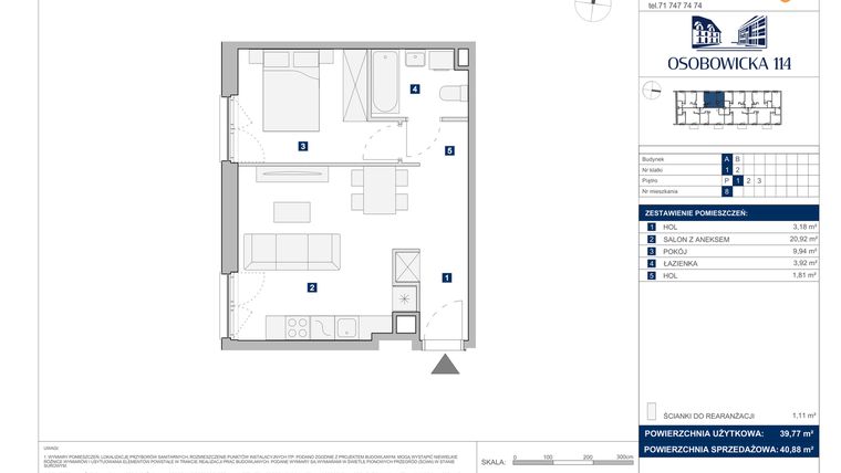 Rzut - Mieszkanie na sprzedaż 2 pokoje o powierzchni 40,88 m² - numer A.8 w Osobowicka 114