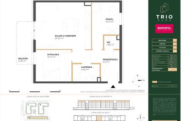 Rzut - Mieszkanie na sprzedaż 3 pokoje o powierzchni 60,73 m² - numer C039 w Trio Park bud. C