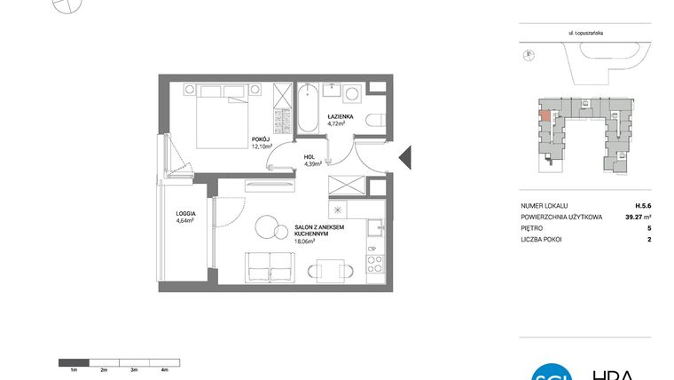 Rzut - Mieszkanie na sprzedaż 2 pokoje o powierzchni 39,27 m² - numer H.5.6 w Łopuszańska 47 - etap 3