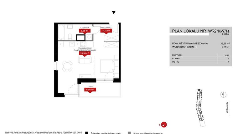 Rzut - Mieszkanie na sprzedaż 1 pokój o powierzchni 38,98 m² - numer WR2 1/6/7/1a w Przystań Reymonta