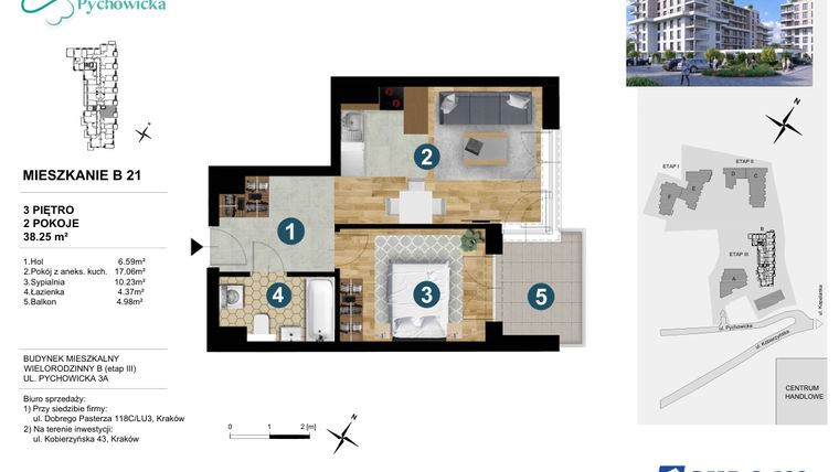 Rzut - Mieszkanie na sprzedaż 2 pokoje o powierzchni 38,25 m² - numer B21 w Kapelanka-Pychowicka Etap III
