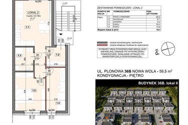 Rzut - Mieszkanie na sprzedaż 3 pokoje o powierzchni 59,5 m² - numer 36B/2 w Zespół willowy Zielona Polana - etap 6