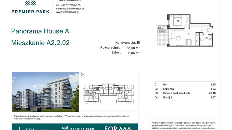 Rzut - Mieszkanie na sprzedaż 2 pokoje o powierzchni 38,5 m² - numer A2.2.02 w Premier Park II