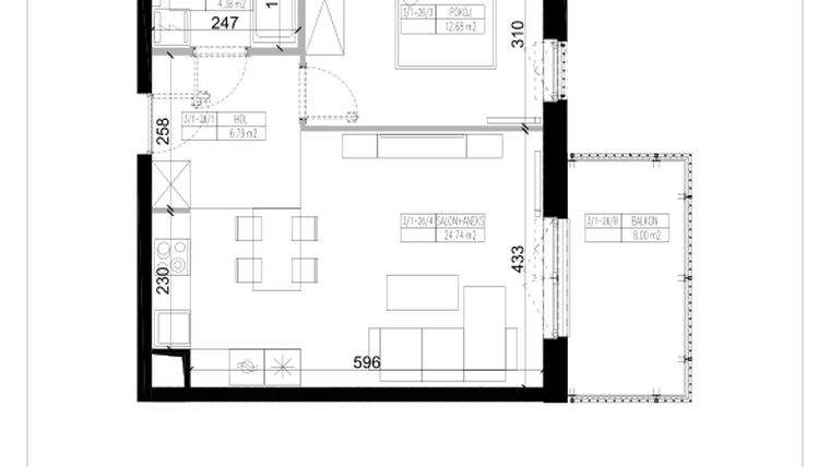 Rzut - Mieszkanie na sprzedaż 2 pokoje o powierzchni 48,59 m² - numer 1.26 w Ogrody Wiślane etap VI