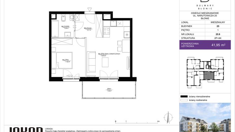 Rzut - Mieszkanie na sprzedaż 2 pokoje o powierzchni 41,95 m² - numer 25.9 w Bulwary Błonie N.25