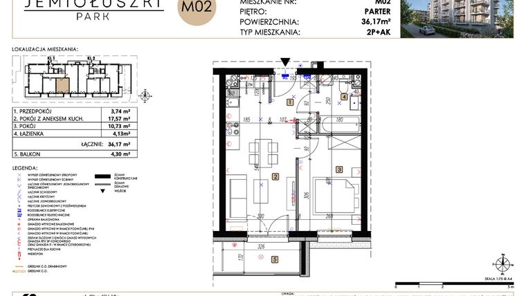 Rzut - Mieszkanie na sprzedaż 2 pokoje o powierzchni 36,17 m² - numer A2_M02 w Jemiołuszki Park etap 2