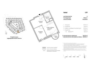 Rzut - Mieszkanie na sprzedaż 1 pokój o powierzchni 30,66 m² - numer 1.17 w OVAL SKY