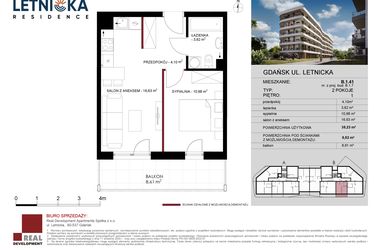 Rzut - Mieszkanie na sprzedaż 2 pokoje o powierzchni 35,23 m² - numer B.1.41 w Letnicka Residence