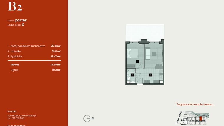 Rzut - Mieszkanie na sprzedaż 2 pokoje o powierzchni 41,39 m² - numer B2 w Mazowiecka 115
