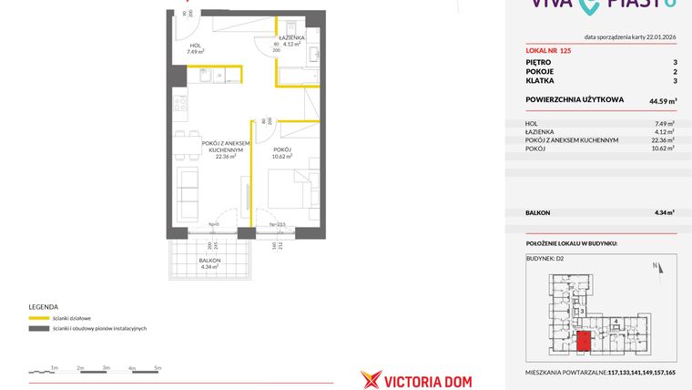 Rzut - Mieszkanie na sprzedaż 2 pokoje o powierzchni 44,67 m² - numer 125 w Viva Piast 6