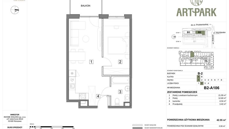 Rzut - Mieszkanie na sprzedaż 2 pokoje o powierzchni 43,48 m² - numer B.2.A106 w ArtPark