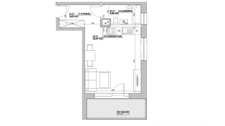 Rzut - Mieszkanie na sprzedaż 1 pokój o powierzchni 32,86 m² - numer A31 w Laurowy Zakątek