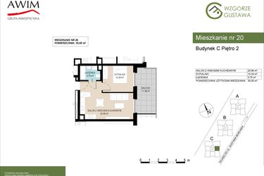 Rzut - Mieszkanie na sprzedaż 2 pokoje o powierzchni 35,05 m² - numer C20 w Wzgórze Gustawa
