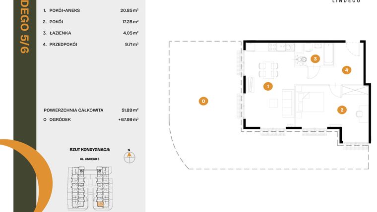 Rzut - Mieszkanie na sprzedaż 2 pokoje o powierzchni 51,89 m² - numer 6 w CLOU LINDEGO