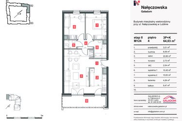 Rzut - Mieszkanie na sprzedaż 3 pokoje o powierzchni 64,03 m² - numer M-124 w Nałęczowska etap II