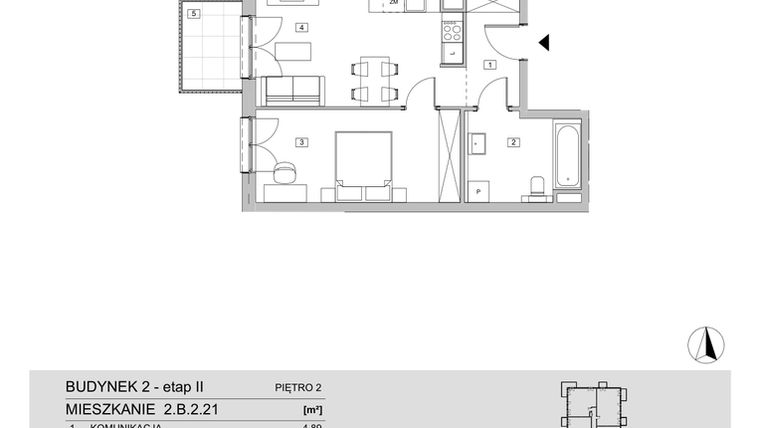 Rzut - Mieszkanie na sprzedaż 2 pokoje o powierzchni 46,61 m² - numer 2.B.2.21 w ATAL Apollina II