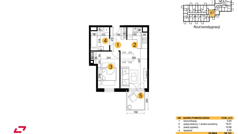 Rzut - Mieszkanie na sprzedaż 2 pokoje o powierzchni 39,2 m² - numer M27 w Punkt Wola