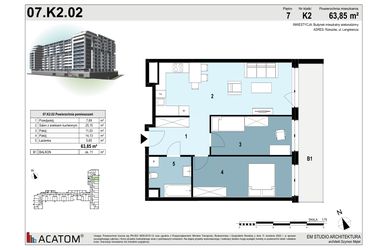 Rzut - Mieszkanie na sprzedaż 3 pokoje o powierzchni 63,85 m² - numer 07.K2.02 w Langiewicza 37