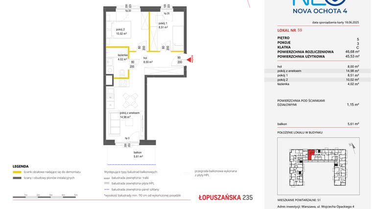 Rzut - Mieszkanie na sprzedaż 3 pokoje o powierzchni 46,68 m² - numer 59 w Neo Nova Ochota 4