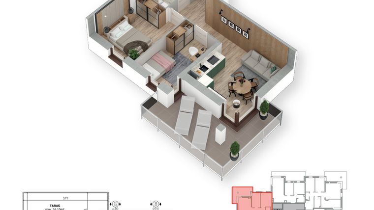 Rzut - Mieszkanie na sprzedaż 3 pokoje o powierzchni 48,51 m² - numer 9 w Villa Park - Etap III