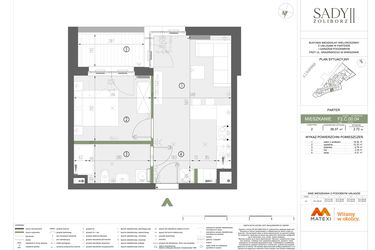 Rzut - Mieszkanie na sprzedaż 2 pokoje o powierzchni 38,37 m² - numer F2.C.00.04 w Sady Żoliborz II