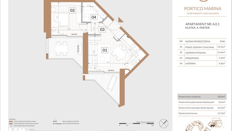 Rzut - Mieszkanie na sprzedaż 2 pokoje o powierzchni 45,93 m² - numer A.0.1 w Portico Marina