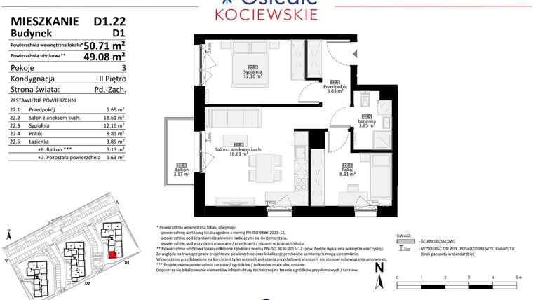 Rzut - Mieszkanie na sprzedaż 3 pokoje o powierzchni 49,08 m² - numer D1.22 w Osiedle Kociewskie etap III