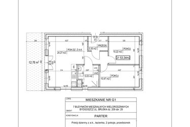 Rzut - Mieszkanie na sprzedaż 3 pokoje o powierzchni 53,34 m² - numer G1 w Bruska