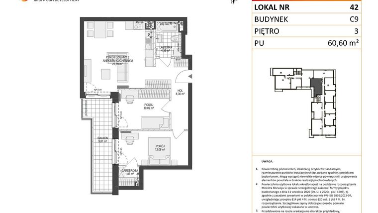 Rzut - Mieszkanie na sprzedaż 3 pokoje o powierzchni 60,6 m² - numer C9.42 w Konstelacja etap V