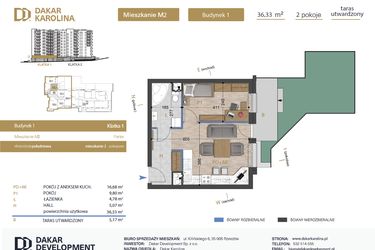 Rzut - Mieszkanie na sprzedaż 2 pokoje o powierzchni 36,33 m² - numer 2 w Osiedle Dakar Karolina
