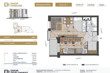 Rzut - Mieszkanie na sprzedaż 2 pokoje o powierzchni 39,58 m² - numer 46 w Osiedle Dakar Karolina