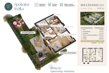 Rzut - Mieszkanie na sprzedaż 3 pokoje o powierzchni 54,97 m² - numer C3/1 w Spokojna Wólka etap IV