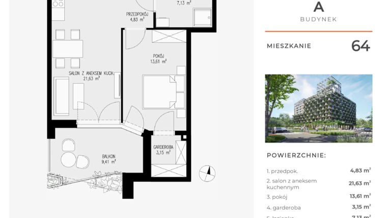 Rzut - Mieszkanie na sprzedaż 2 pokoje o powierzchni 50,35 m² - numer 64 w Semiramis